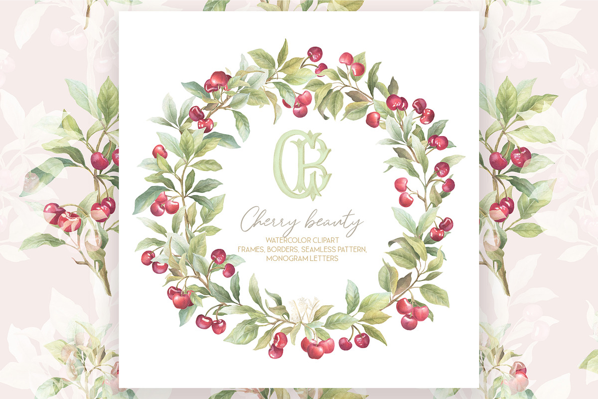 Cherry Botanical Frames Watercolor, a Decorative Illustration by WonderWonder (Photo 1 of 7)