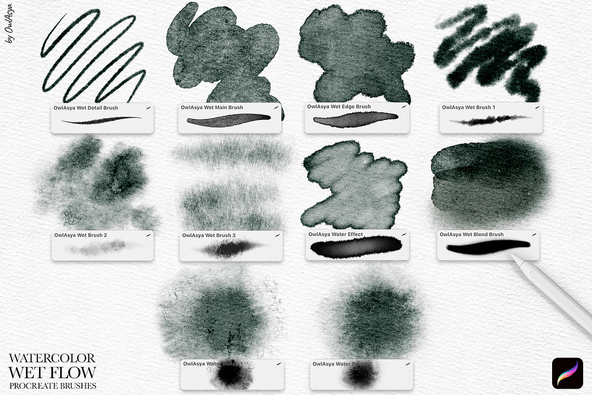 Wet Flow Procreate Brushes, a Brush Add-On by owlasya (Photo 3 of 7)
