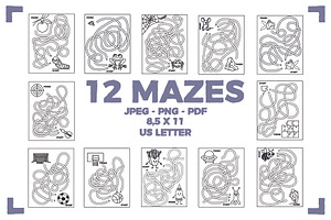 12 MAZES (activity pages), an Education Illustration by Bonfloret Studio