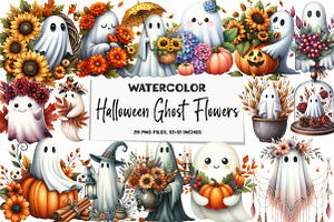 Halloween Fall Flowers Ghost Bundle, an Illustration by DreamArtGraphic