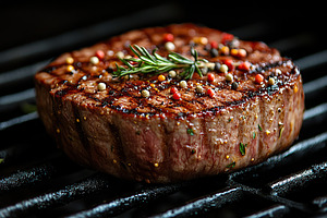 Perfectly grilled steak garnished with herbs and spices in daylight, a Food & Drink Photo by AlyaAnd