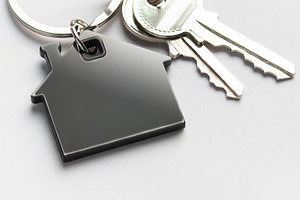 House keys with home shape keychain on white background, a Business Photo by Olena Rudo