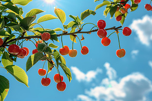 Fresh cherries hanging on tree branch on blue sky background, a Nature Photo by AlyaAnd