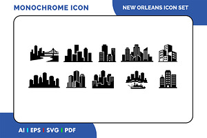 New Orleans Skyline Icon Set, a Solid Icon by Fontmine Studio