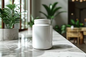 A modern, minimalistic white jar sits on a marble countertop surrounded by lush, a Business Photo by ImageMir