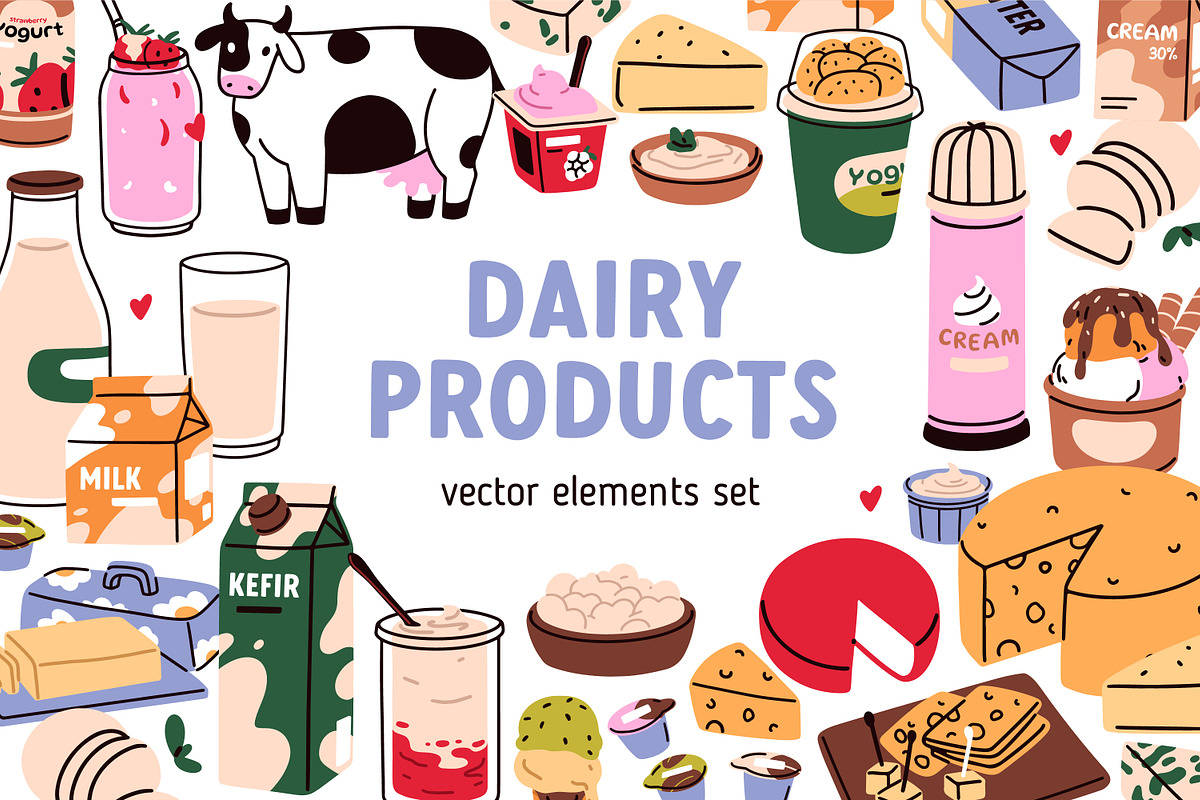 Dairy food products, milk drinks set, a Food Illustration by Good Studio (Photo 1 of 11)