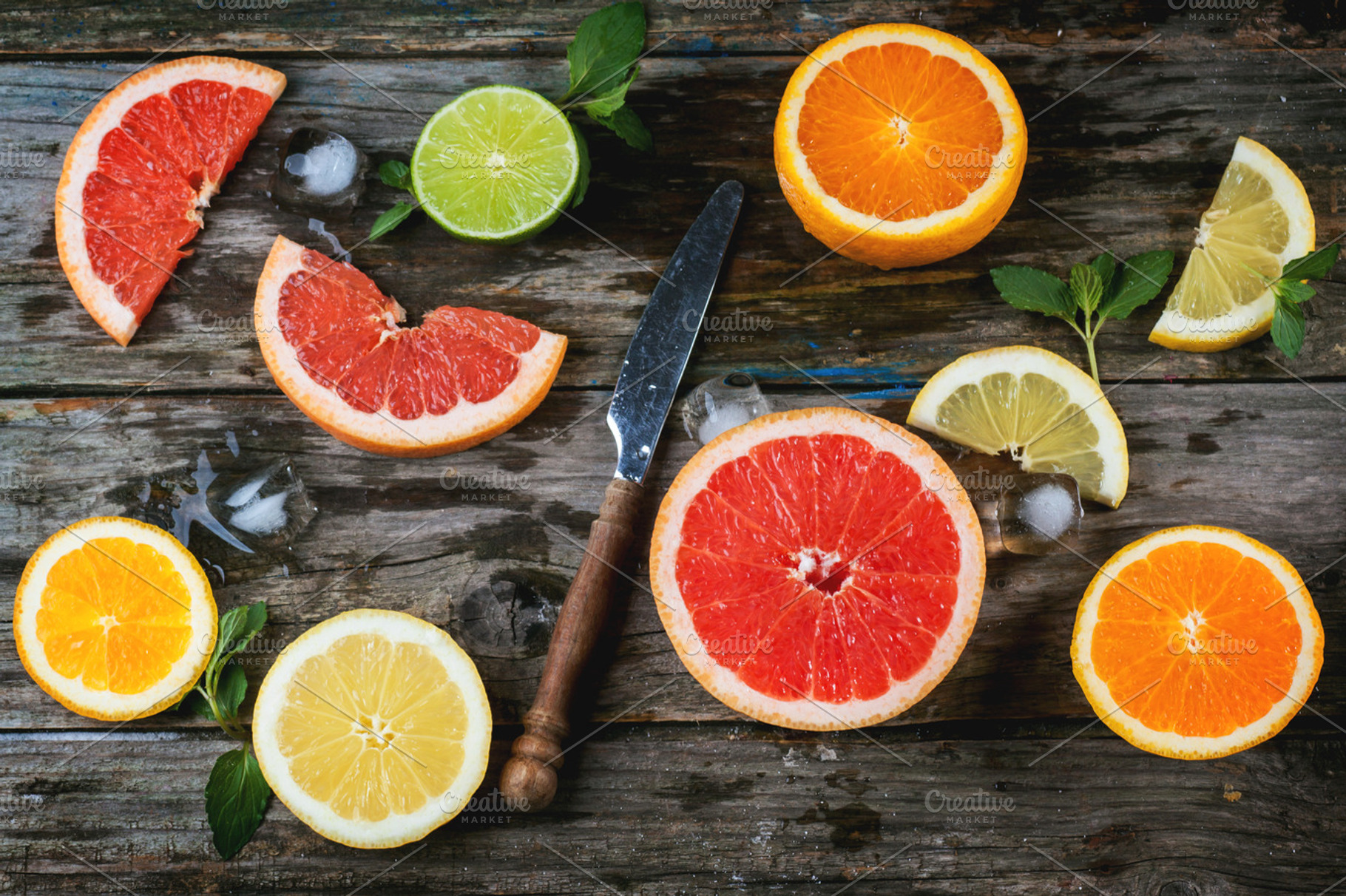 Set Of Sliced Citrus Fruits Featuring Citrus Fruit And Grapefruit