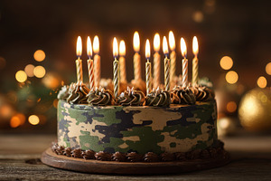 Camo Birthday Cake with Lit Candles, a Photo by Pixeness Studio