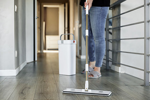 Woman mopping, wiping floor in home setting. Housewife uses mop, plastic bucket, a Person Photo by Lenor4ik