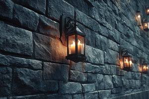 Candle lanterns hang on a stone wall, a Photo by Pavel_design