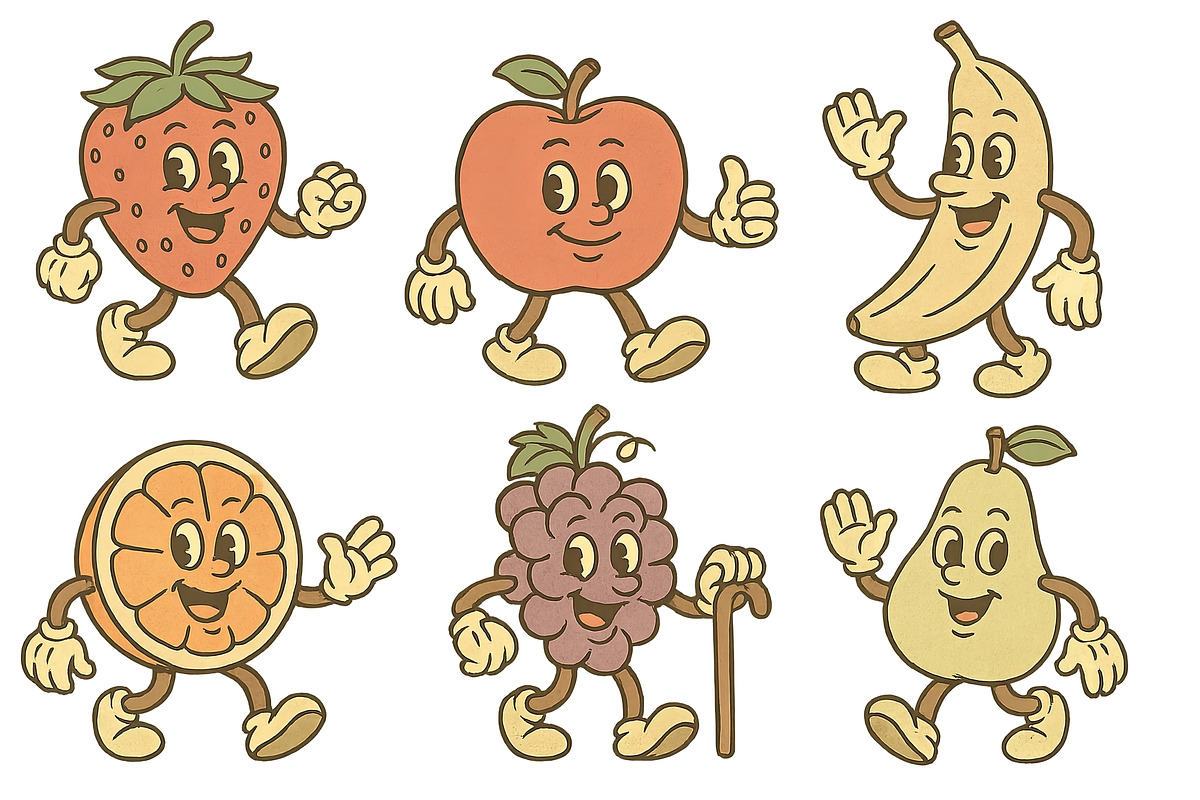 Vintage fruit mascots waving, isolat, an Illustration by Dvoevnore photos