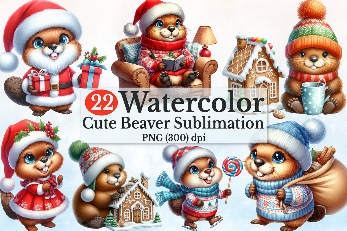 Christmas Beaver Sublimation Clipart, a Seasonal Illustration by Rose Art (Photo 1 of 7)