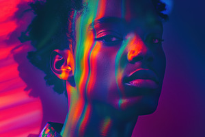 A portrait of a young man with textured hair, illuminated by vibrant, colorful, a Person Photo by Textures & Backgrounds