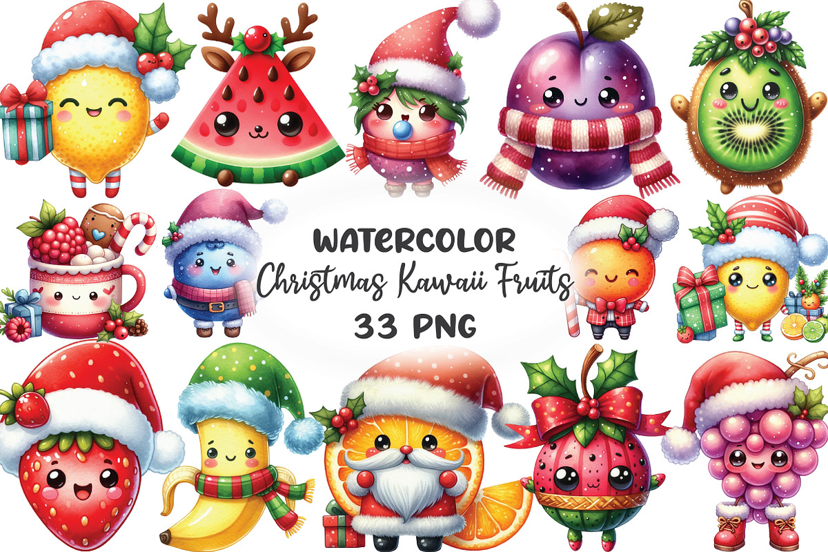 Christmas Kawaii Fruits Sublimation, an Illustration by CraftArtStudio (Photo 1 of 6)