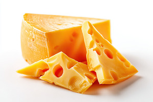 Swiss Cheese with Holes on White Background, a Food & Drink Photo by AlyaAnd