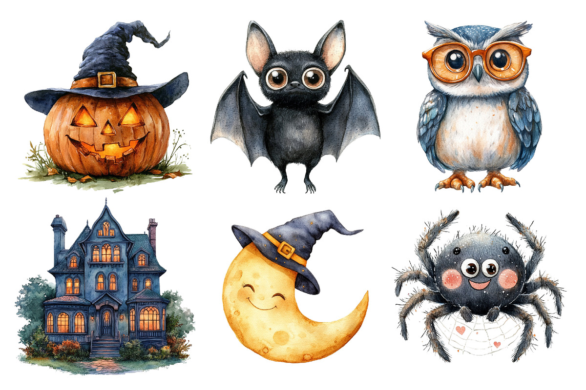 Watercolor Cute Halloween Clipart, an Illustration by SinaCreation (Photo 3 of 5)