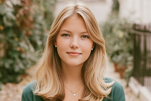 Young blonde woman posing outdoors, looking at camera with seren, a Person Photo by Studio ANNA