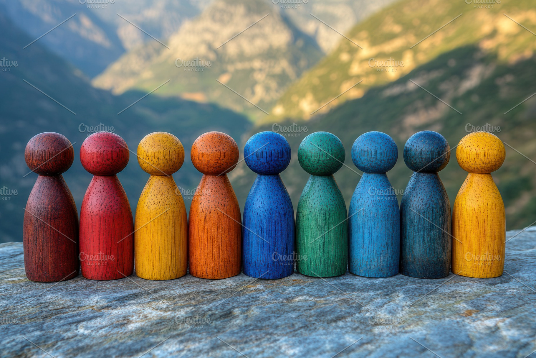 Colorful wooden figures arranged in, a Photo by Tanuart