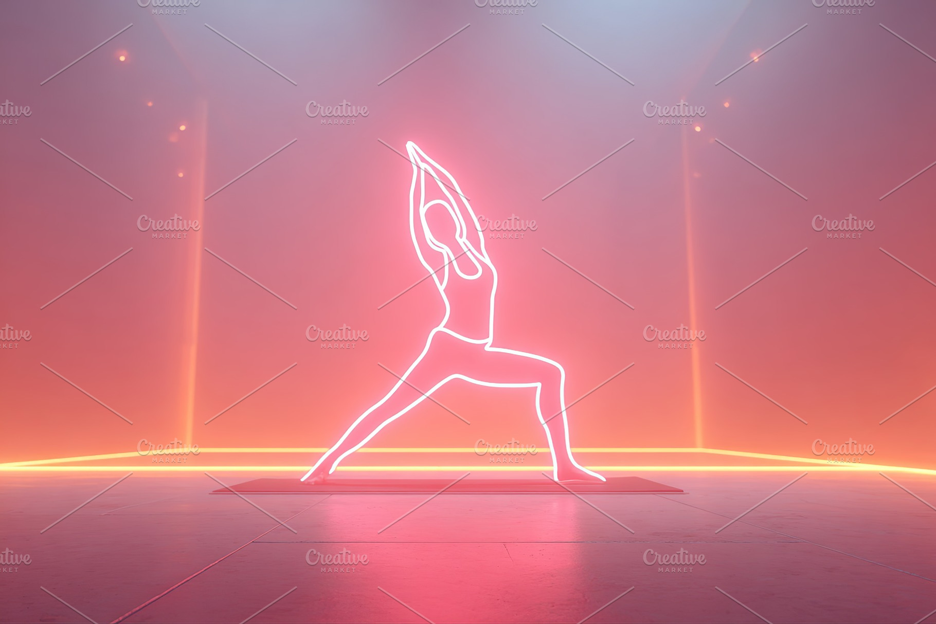 Fitness assistant practicing yoga with glowing neon lights in a vibrant atmosph, a Photo by AlyaAnd