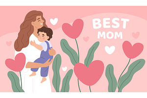 Best mom card. Kids hugs, mother day, a Person Illustration by YummyBuum