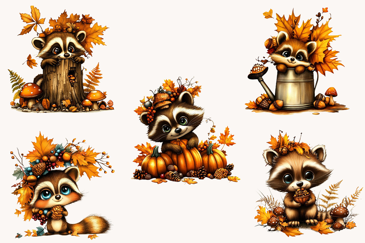 Whimsical Autumn Raccoon Clipart, a Seasonal Illustration by Designworld (Photo 5 of 8)