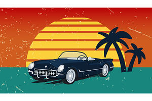 Retro car against a sunset, an Illustration by Tati_Kli
