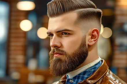 A close-up of a bearded man getting his beard trimmed by a barber, showcasing t, a Person Photo by Mashimara