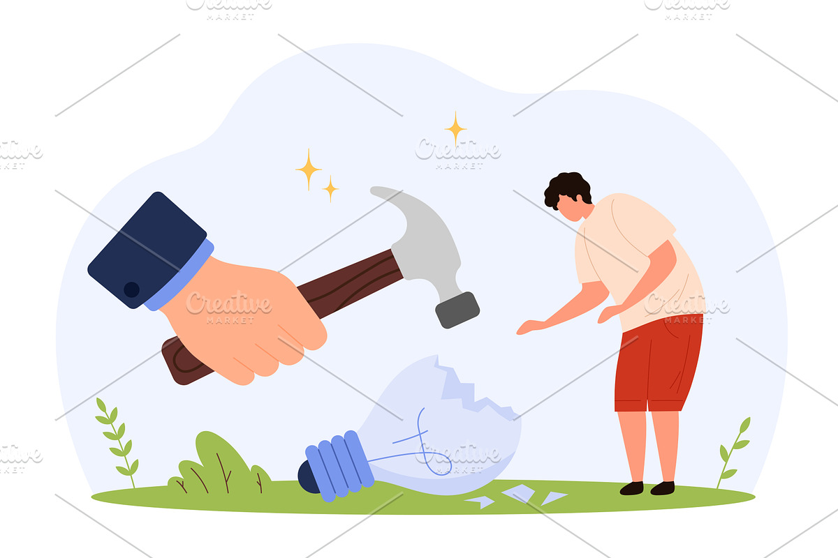 Watches Giant Hand Smash Lightbulb, a Person Illustration by Flashvector