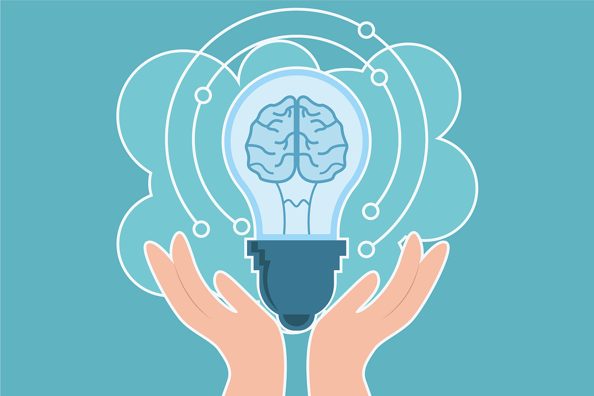 Hands holding brain lamp vector, an Education Illustration by zyxroun shop