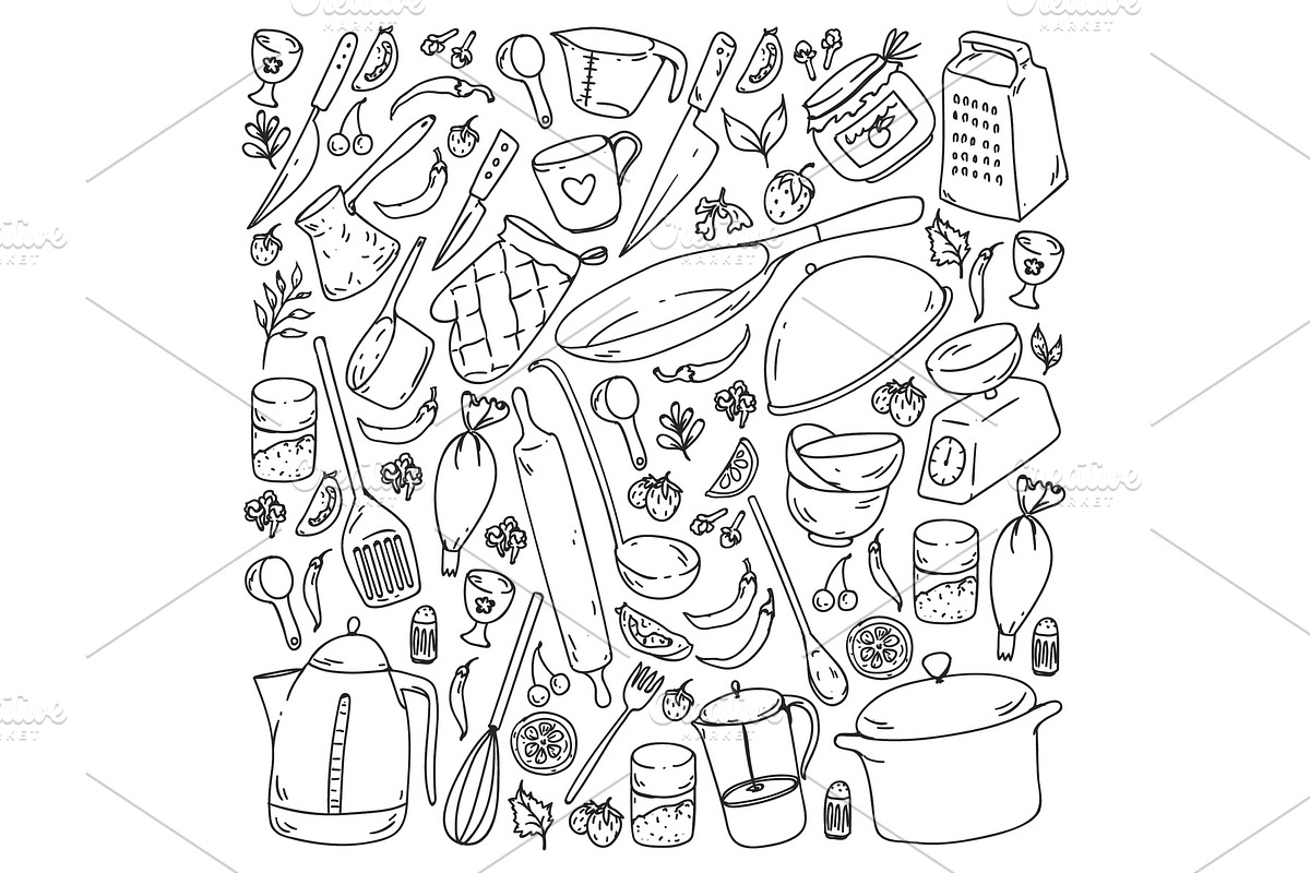 Cooking class. Kitchenware, utencils, a Food Illustration by Doodle