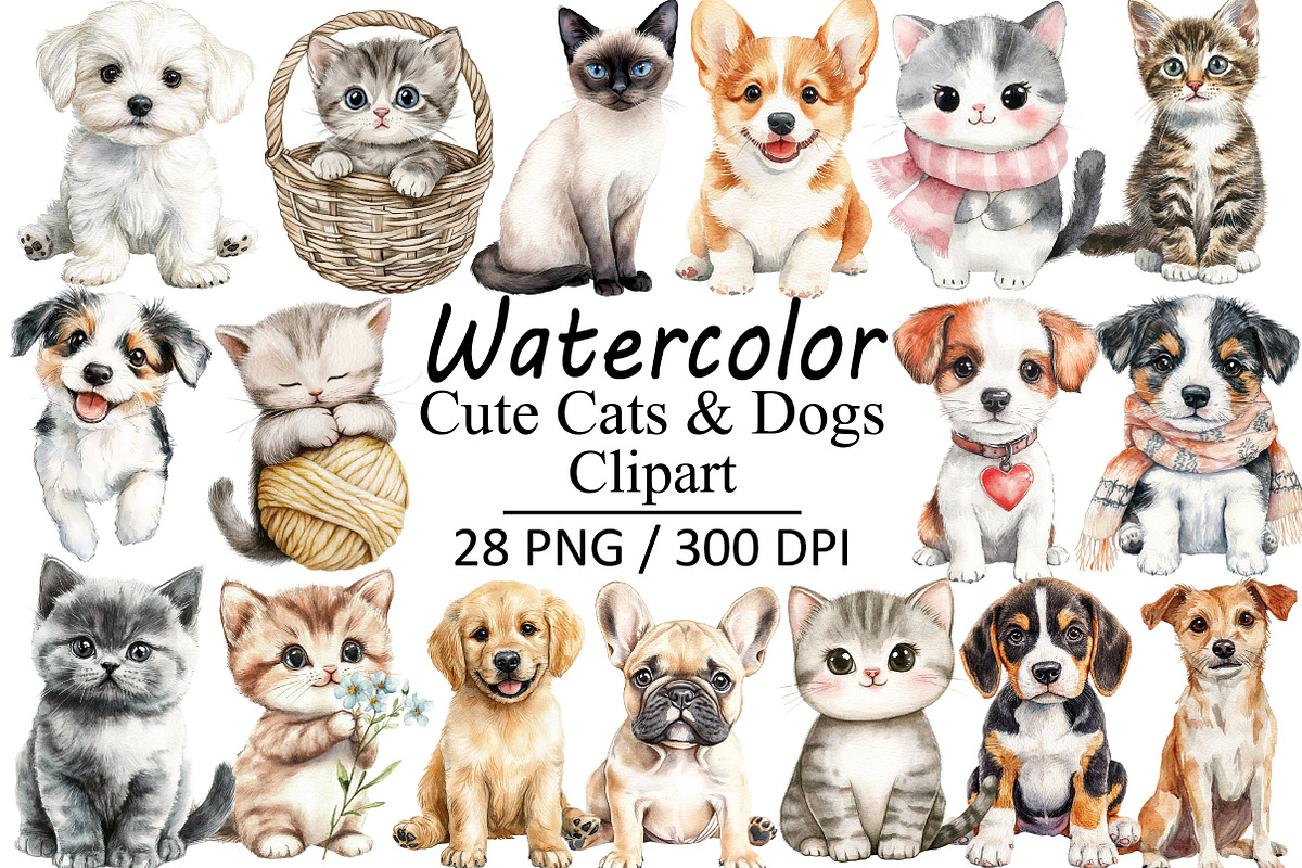 Watercolor Cute Cats & Dogs, an Illustration by Design Market (Photo 1 of 3)