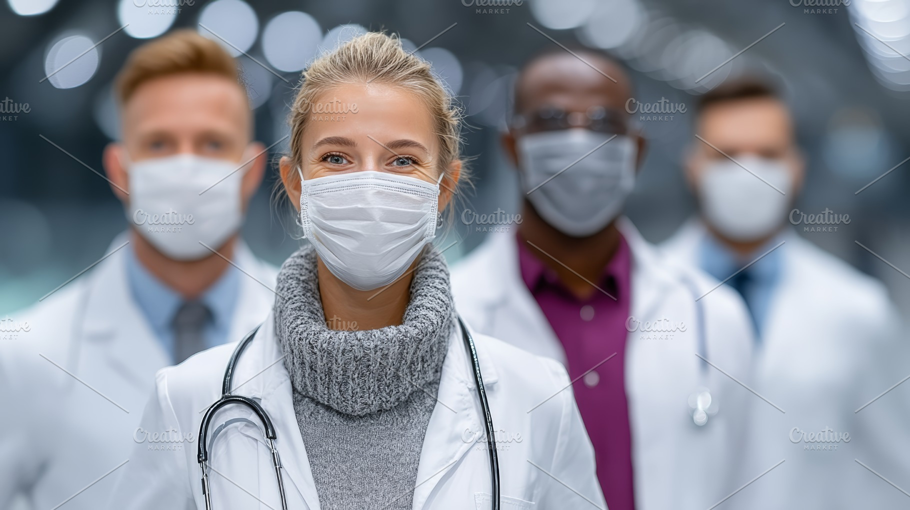 Medical professionals wearing protective masks standing united in a healthcare, a Health & Medical Photo by AS photostudio