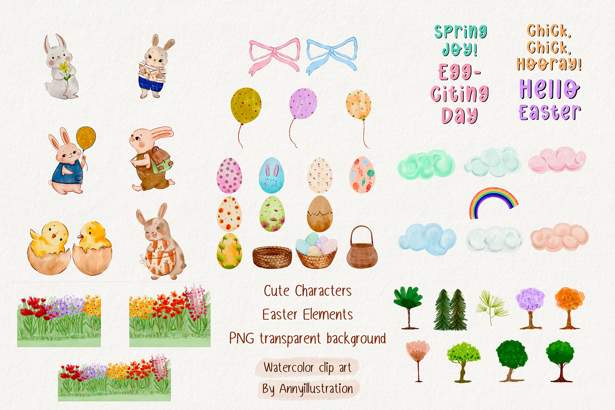 Hello Easter cute watercolor clipart, an Illustration by Annyillustration (Photo 5 of 6)