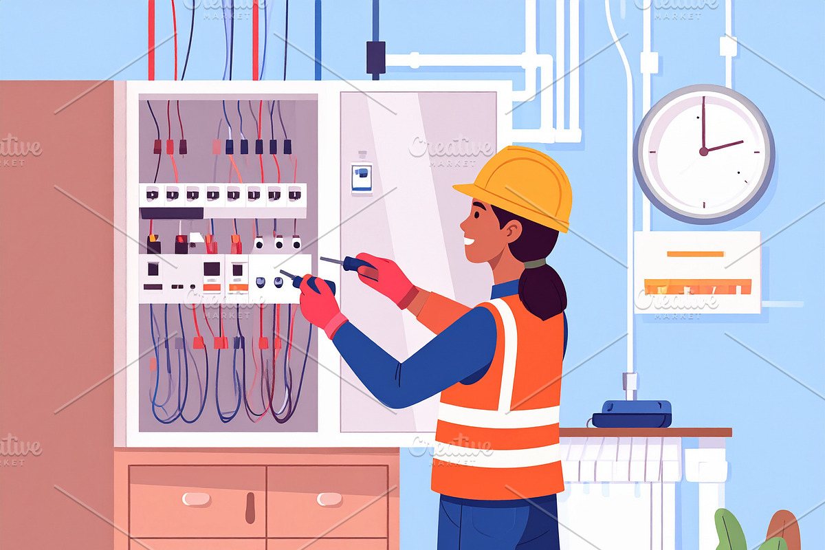 Flat illustration of woman electrician working on an electrical, a Person Illustration by DanFLCreativo