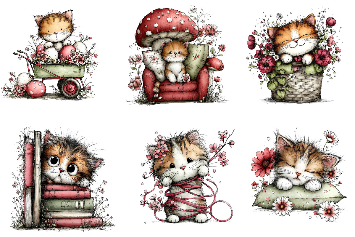Whimsical Spring Cats Clipart, an Illustration by Dream Creation (Photo 4 of 6)