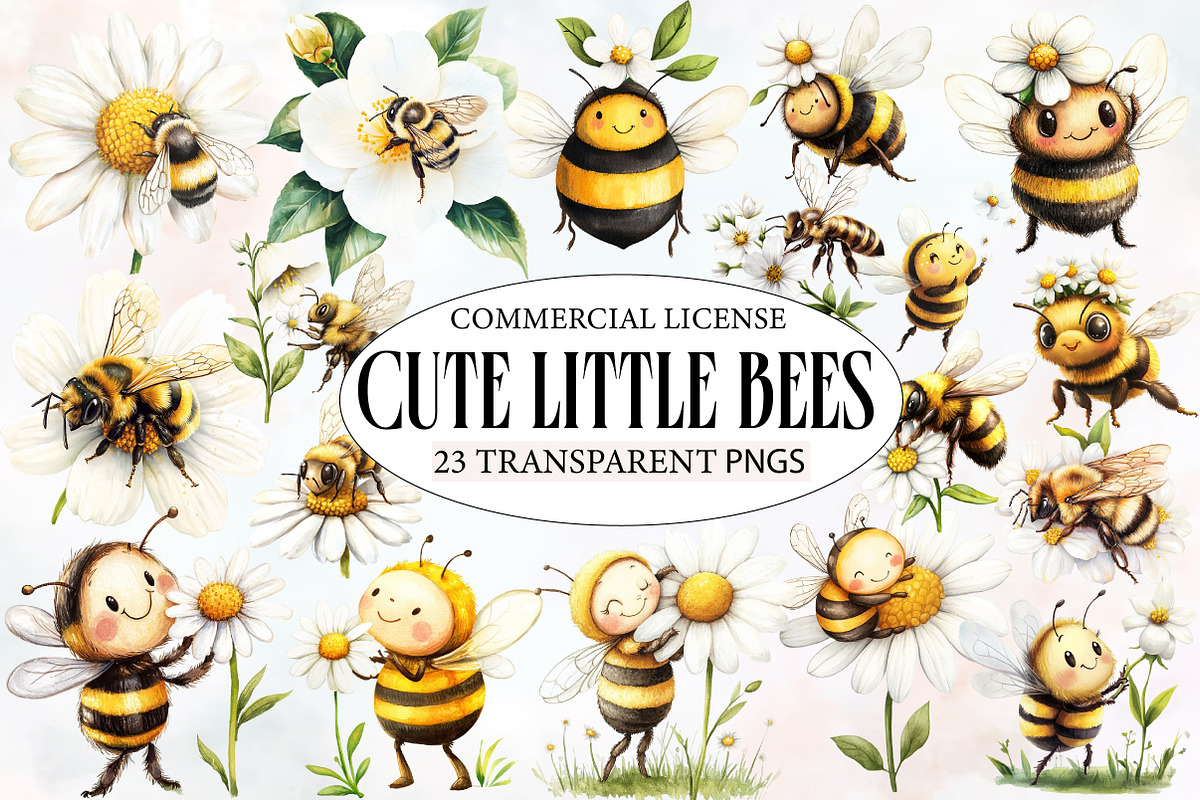 Cute Little Bees Watercolor Clipart, an Illustration by Designworld (Photo 1 of 6)