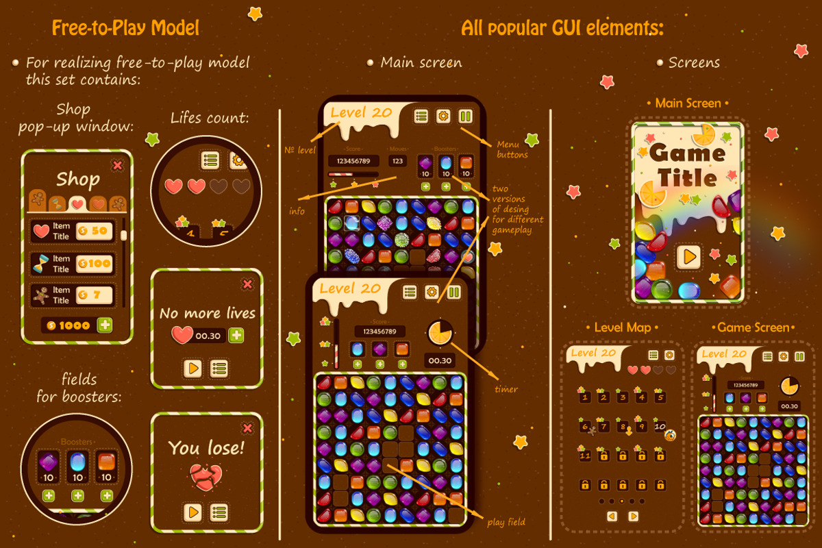 Graphic Assets for Match 3 Game, an Illustration by Chuchilko shop (Photo 4 of 6)