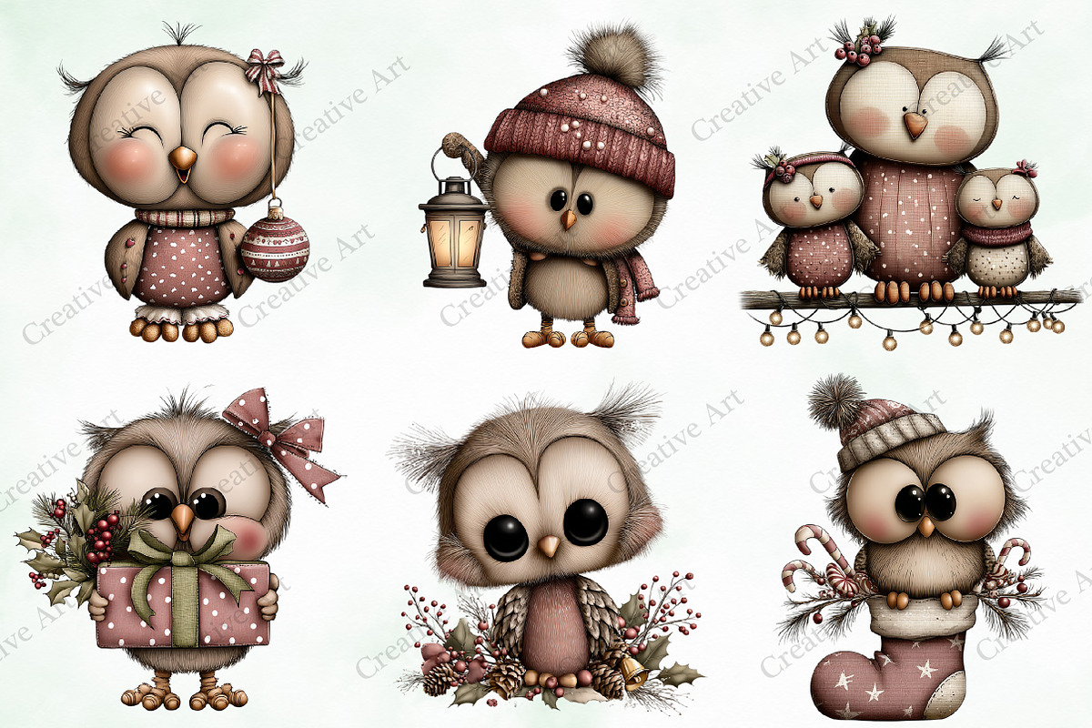Watercolor Christmas Owls Clipart, an Illustration by Creative Art (Photo 4 of 10)