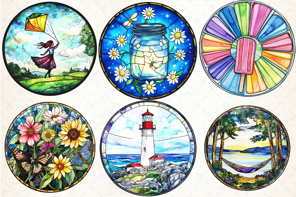 Round Stained Glass Summer Clipart2, an Illustration by DreamCafeArt (Photo 5 of 7)
