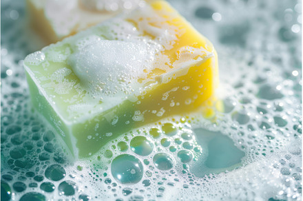 Yellow and green soap bar foaming in, a Beauty & Fashion Photo by Ylivdesign