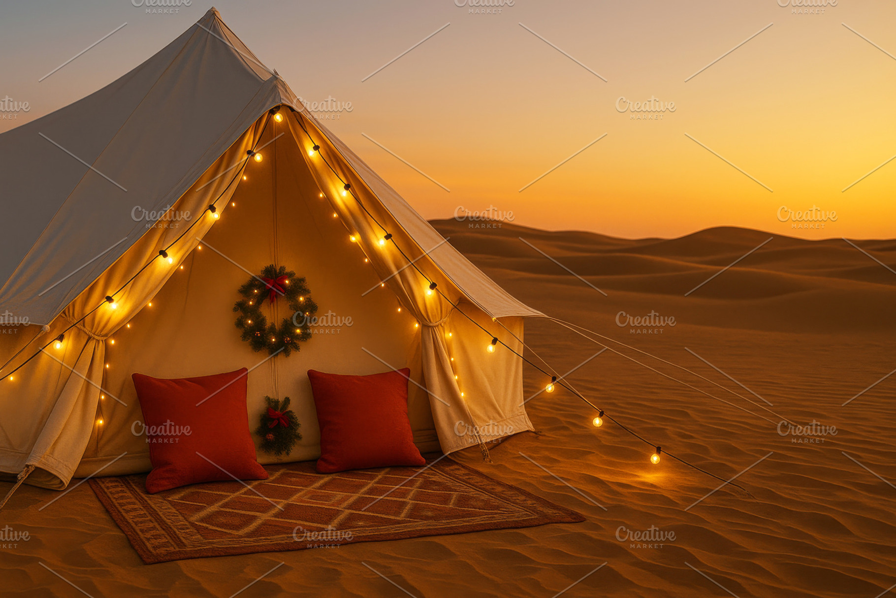Desert holiday setting with tent and festive lights, christmas c, a Photo by Dvoevnore photos