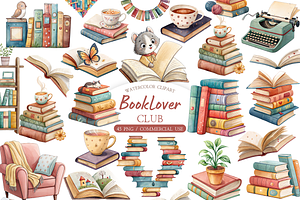 Watercolor Book Lover Clipart Bundle, an Illustration by MockupWizard