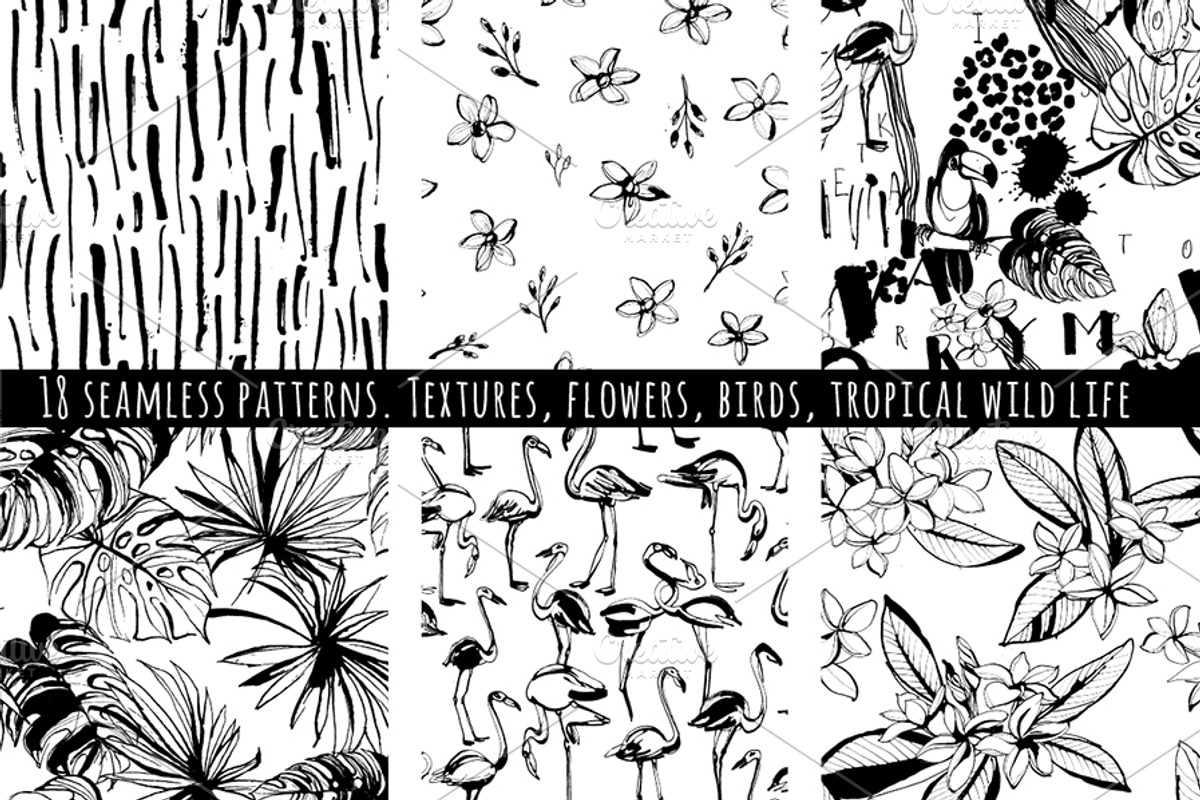 18 handdrawn tropical b&w patterns, a Decorative Illustration by VasilkovS (Photo 2 of 4)