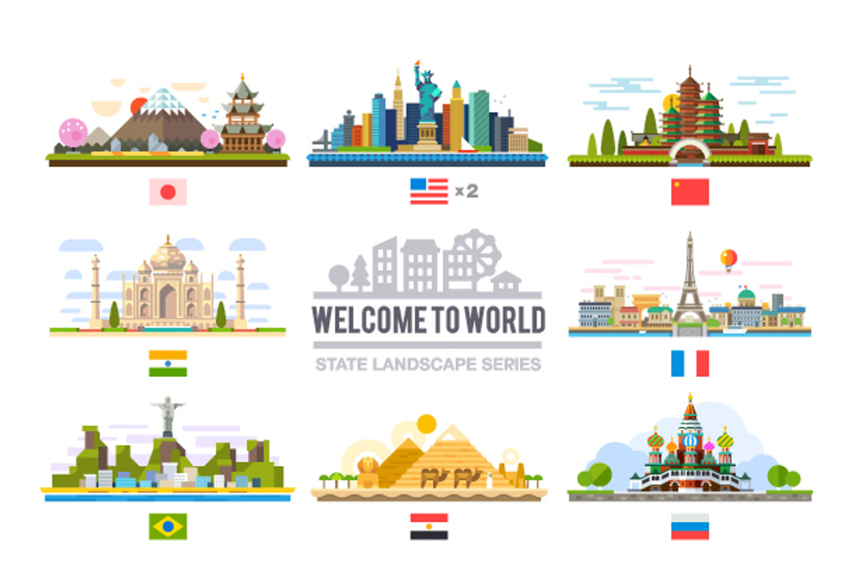 Welcome to world, flat landscape set, an Illustration by Oleg Beresnev (Photo 1 of 3)