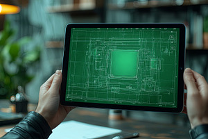 Tablet displaying digital blueprint design held in hands within modern workspac, a Photo by AS photostudio