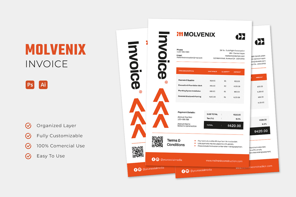 Molvenix Construction - Invoice, a Stationery Template by Esensifiksi.studio (Photo 1 of 3)