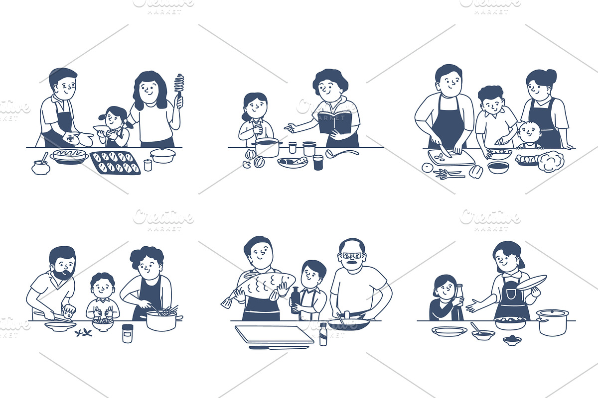 Parents and children prepare food, a Food Illustration by LadadikArt