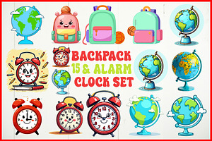 Backpack & Alarm Clock Clipart Set, an Object Graphic by yasushie