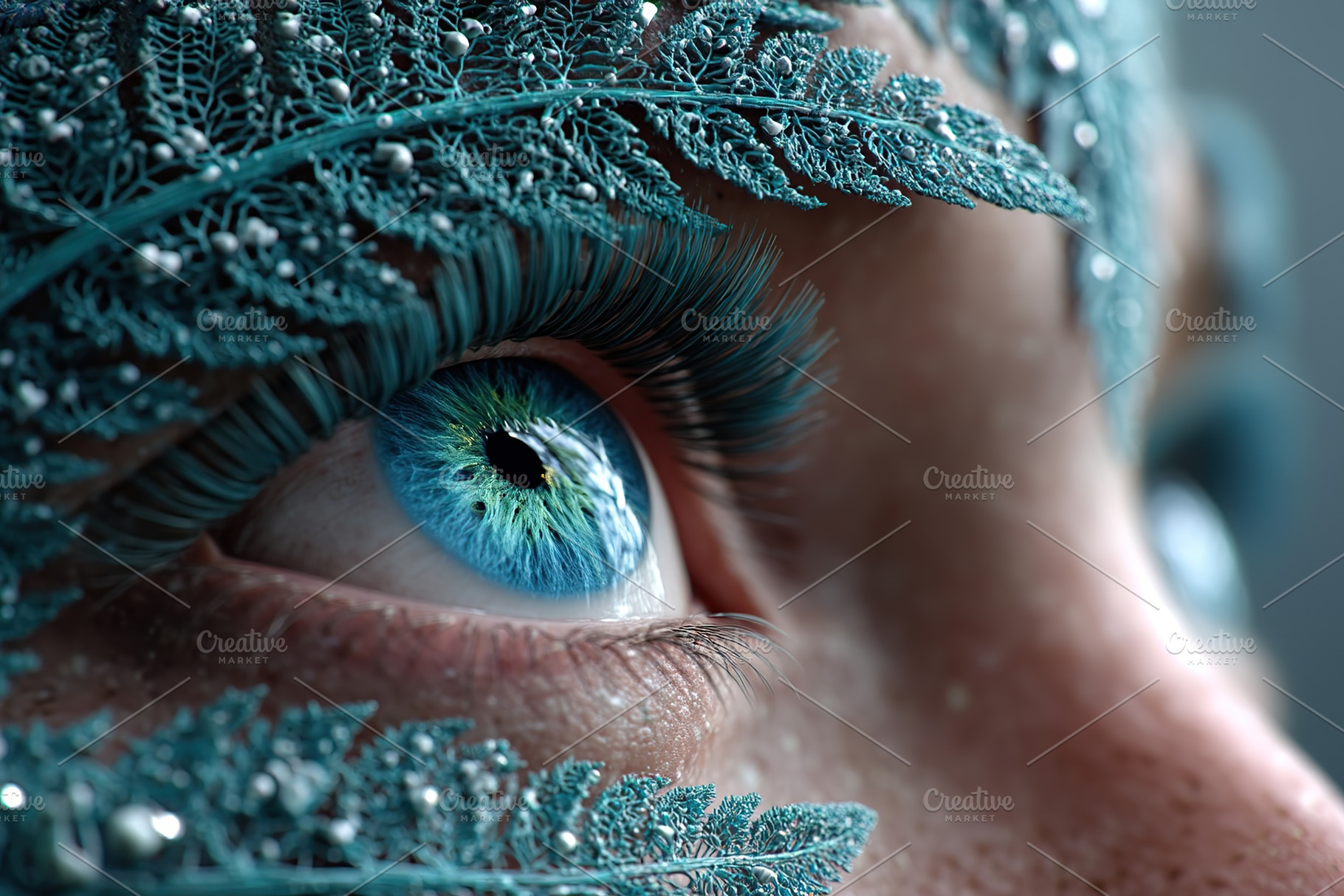 Intricate close-up of a human eye adorned with teal foliage and decorative elem, a Person Photo by AlyaAnd