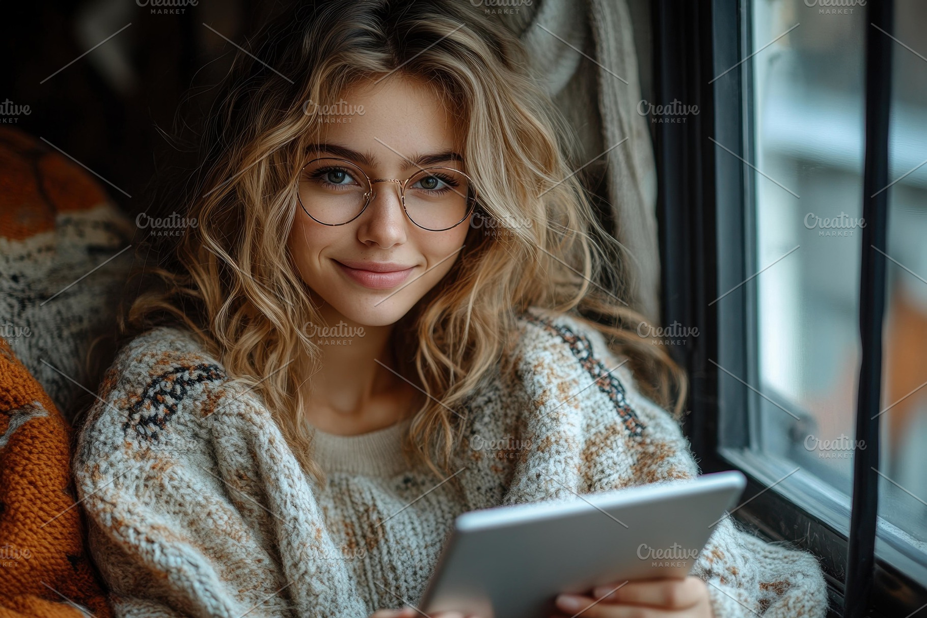 Young woman in cozy sweater reading, a Photo by Tanuart
